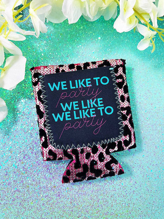 We Like To Party Pink Sequin Black Leopard Velvet Can Cooler